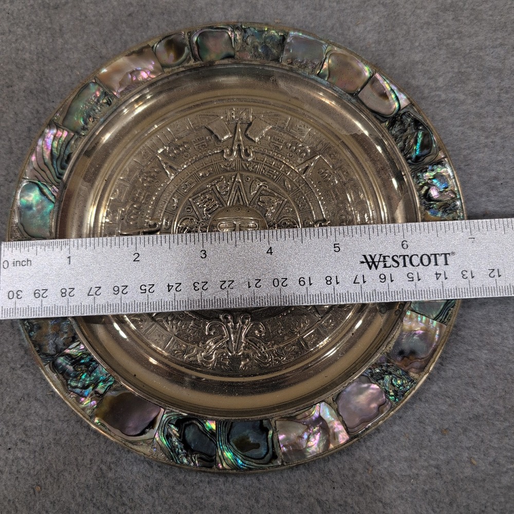 Alpaca Mexico Aztec Sun Calendar Plate Abalone Shell Inlay Silver Tone Decor - Picture 3 of 5